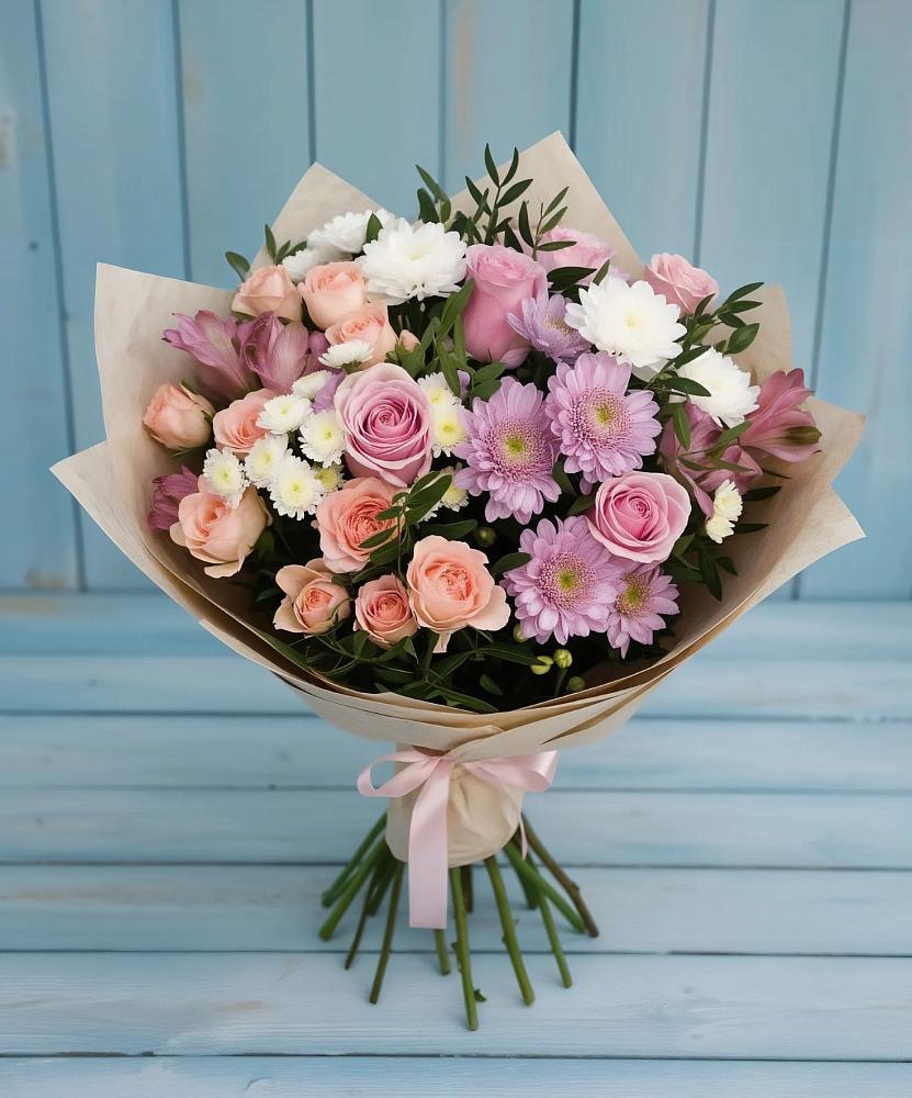 Букет цветов из: Хризантемы, Розы и Альстромерии в Засосне