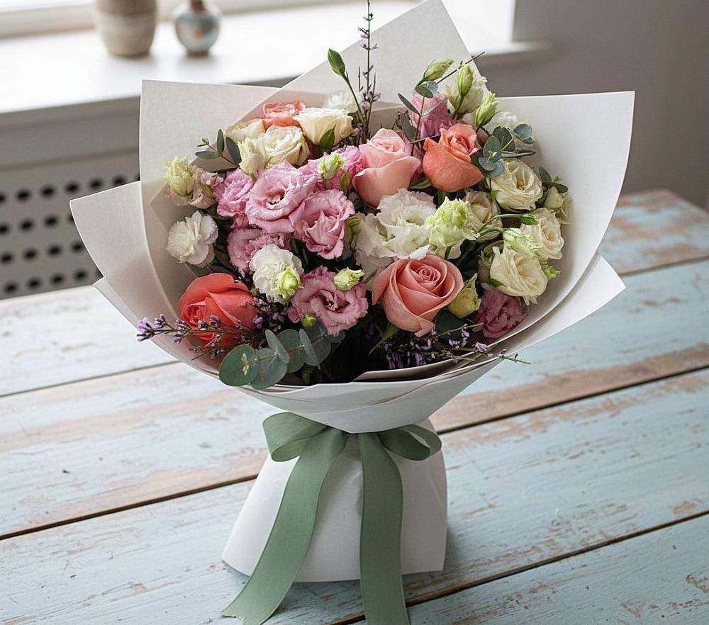 Букет цветов из: Розы, Лизиантусы и Гвоздики в Засосне