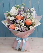 Букет цветов из:  Лизиантусы, Розы, Альстромерии и Гипсофила в Засосне