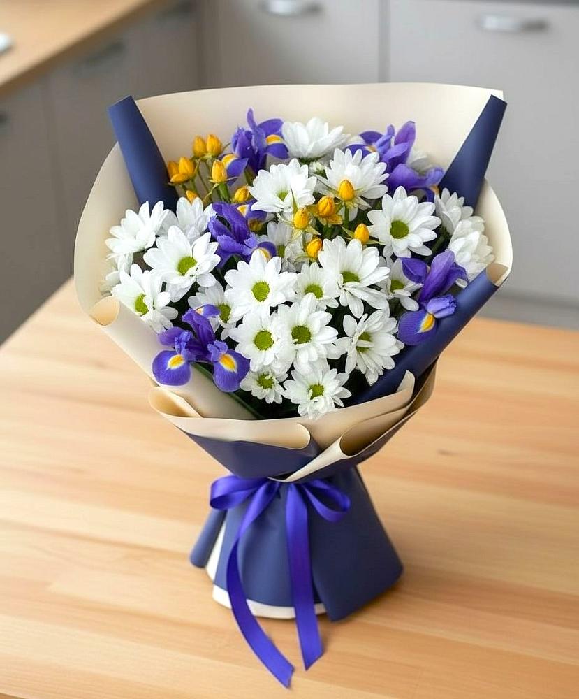 Букет цветов из: Розы, Ирисы и Хризантемы в Засосне