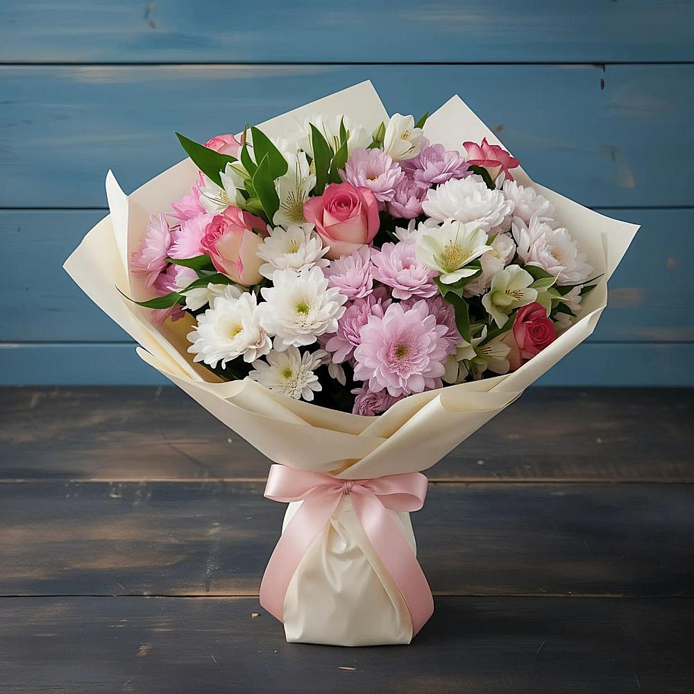 Букет цветов из: Хризантемы, Альстромерии и Розы в Засосне